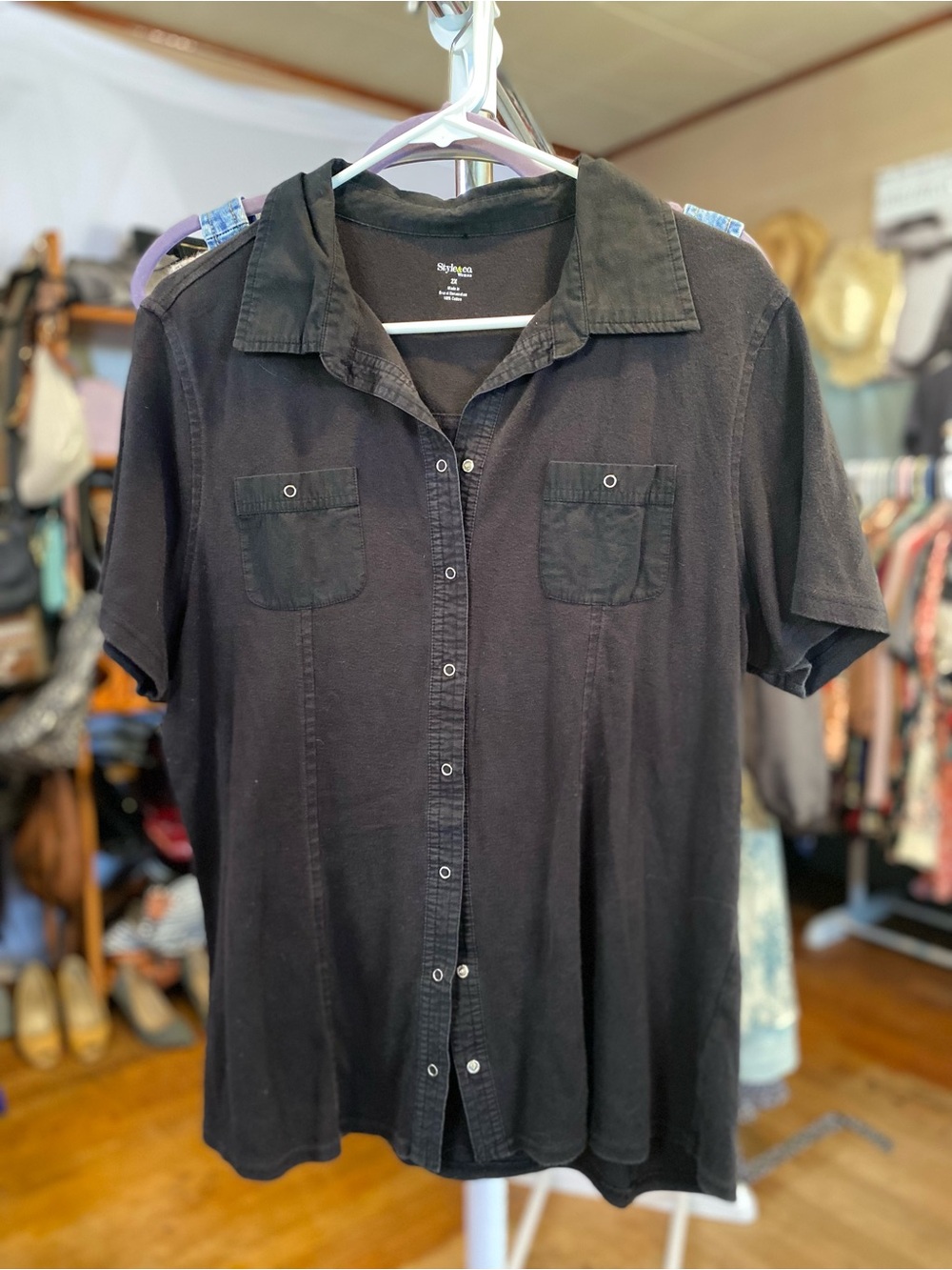 Style & Co. Black Short-Sleeve Button-Down Shirt with Chest Pockets